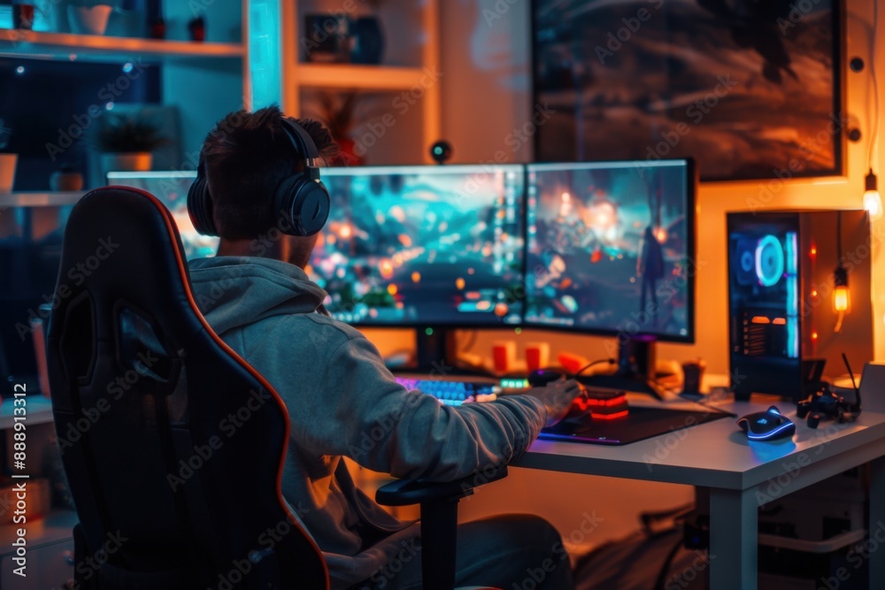 Gamer Playing on Dual Monitor Setup
Gamer Playing on Dual Monitor Setup