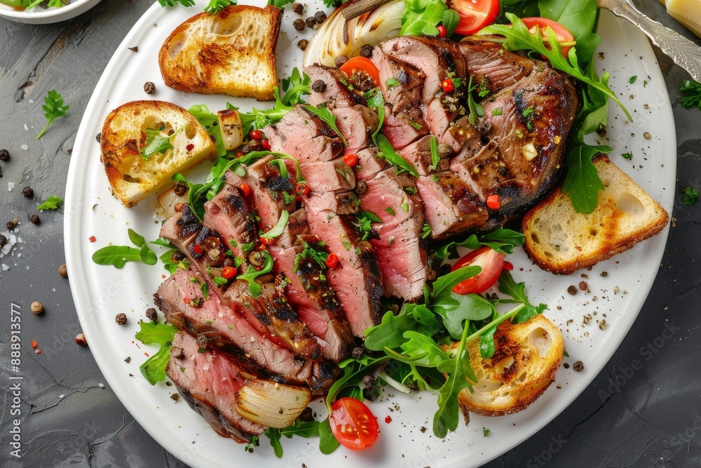 Roast beef salad, sunday roast, tomatoes, greens. Veal meet, vegetables, roasted spicy bone marrow Roast beef salad, sunday roast, tomatoes, greens. Veal meet, vegetables, roasted spicy bone marrow