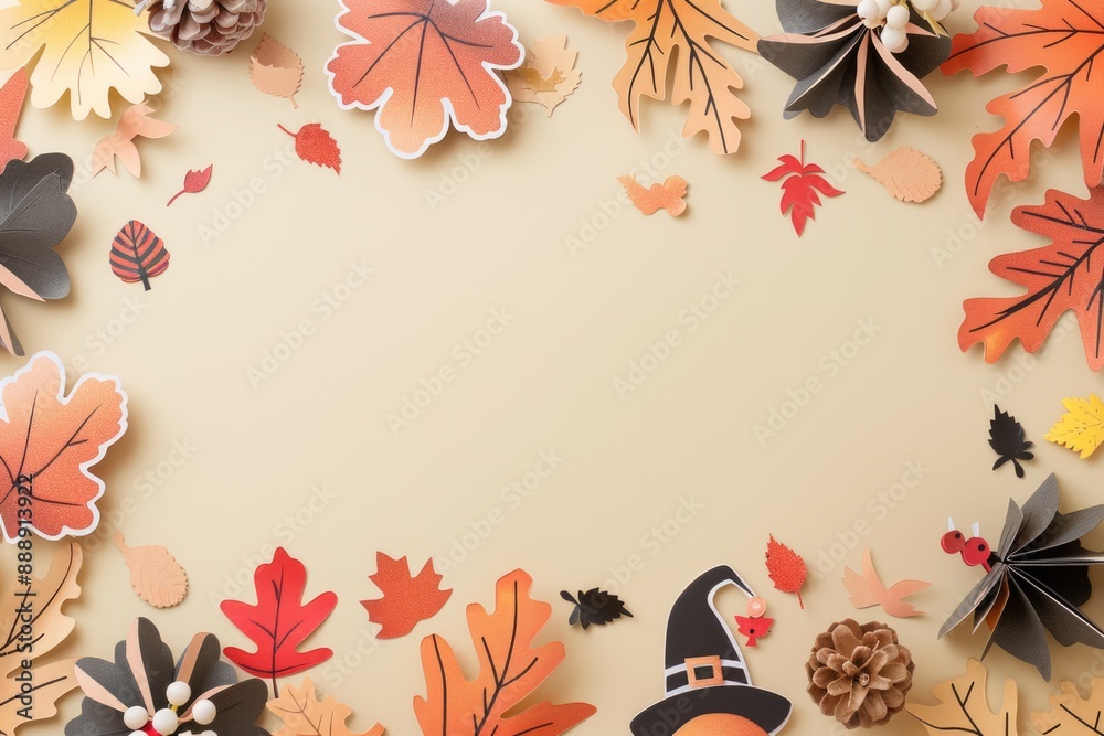 Autumn Paper Cut Craft Background with Leaves and Witch Hat - Ideal for Fall Designs, Posters, Cards