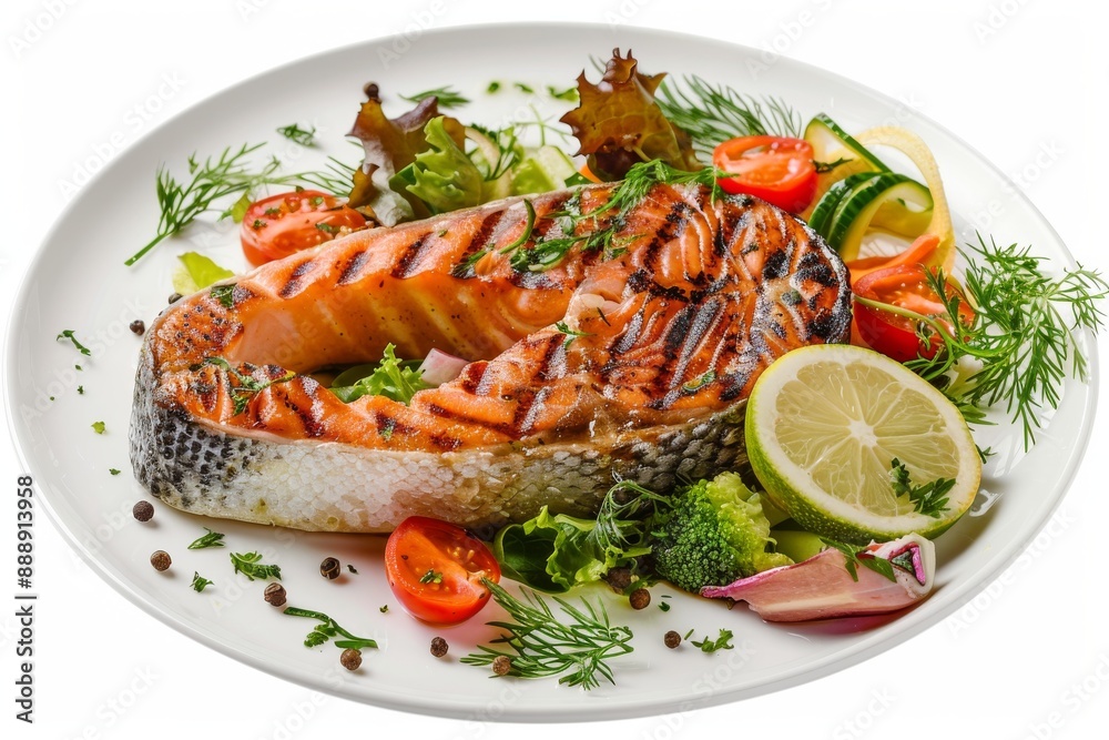 Grilled Salmon Steak, Barbecue Red Fish or Trout Fillet with Warm Vegetable Salad, Greens Grilled Salmon Steak, Barbecue Red Fish or Trout Fillet with Warm Vegetable Salad, Greens