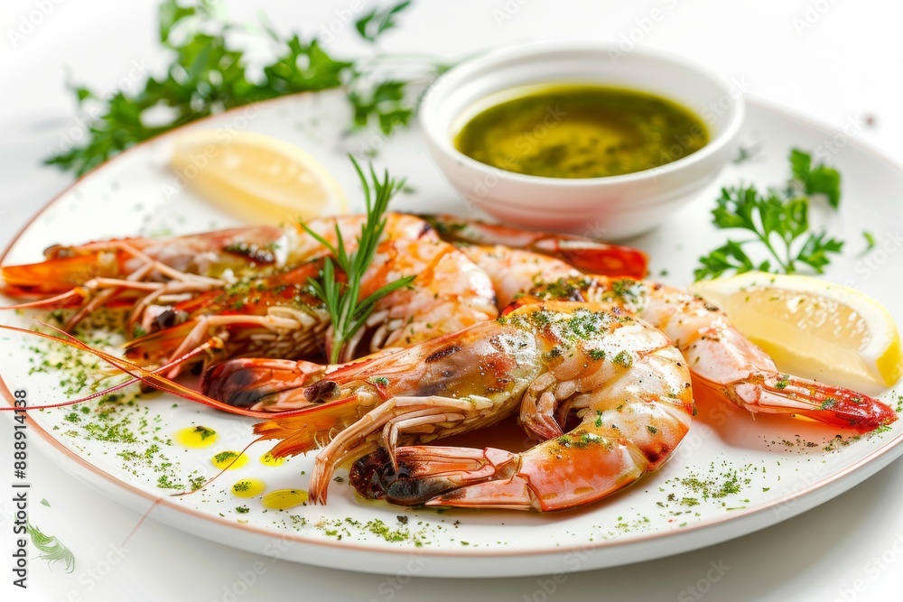 Skewered Tiger Prawns, Grilled King Shrimps, Prawns Fried with Garlic, Herbs, Spices, Lime and Greens Skewered Tiger Prawns, Grilled King Shrimps, Prawns Fried with Garlic, Herbs, Spices, Lime and Greens