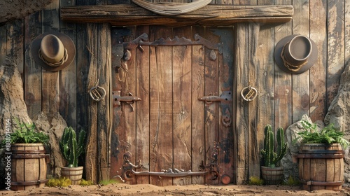 A 3D blender minimalist illustration featuring a blank backdrop with a western theme, including vintage elements like old wooden saloon doors, cowboy hats, and rustic horseshoes, creating an