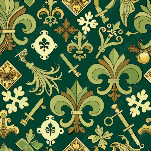 seamless pattern of fleur-de-lis and antique keys, Generative AI