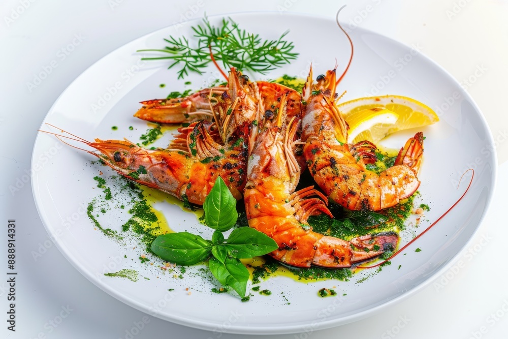 Skewered Tiger Prawns, Grilled King Shrimps, Prawns Fried with Garlic, Herbs, Spices, Lime and Greens Skewered Tiger Prawns, Grilled King Shrimps, Prawns Fried with Garlic, Herbs, Spices, Lime and Greens