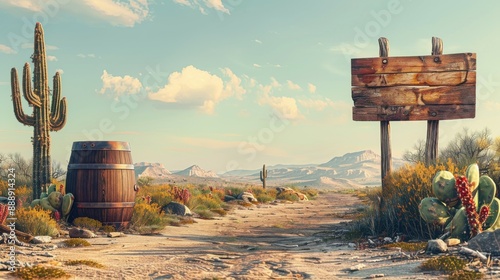 An engaging 3D illustration featuring a minimalist blank backdrop with a vintage western theme, bordered by items like an old whiskey barrel, a desert cactus, and a wooden signpost, capturing the