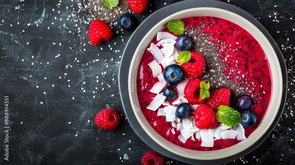 Top view of a cruelty-free smoothie bowl on a dark backdrop, garnished with fresh berries, coconut flakes, and chia seeds, creating a striking contrast Top view of a cruelty-free smoothie bowl on a dark backdrop, garnished with fresh berries, coconut flakes, and chia seeds, creating a striking contrast
