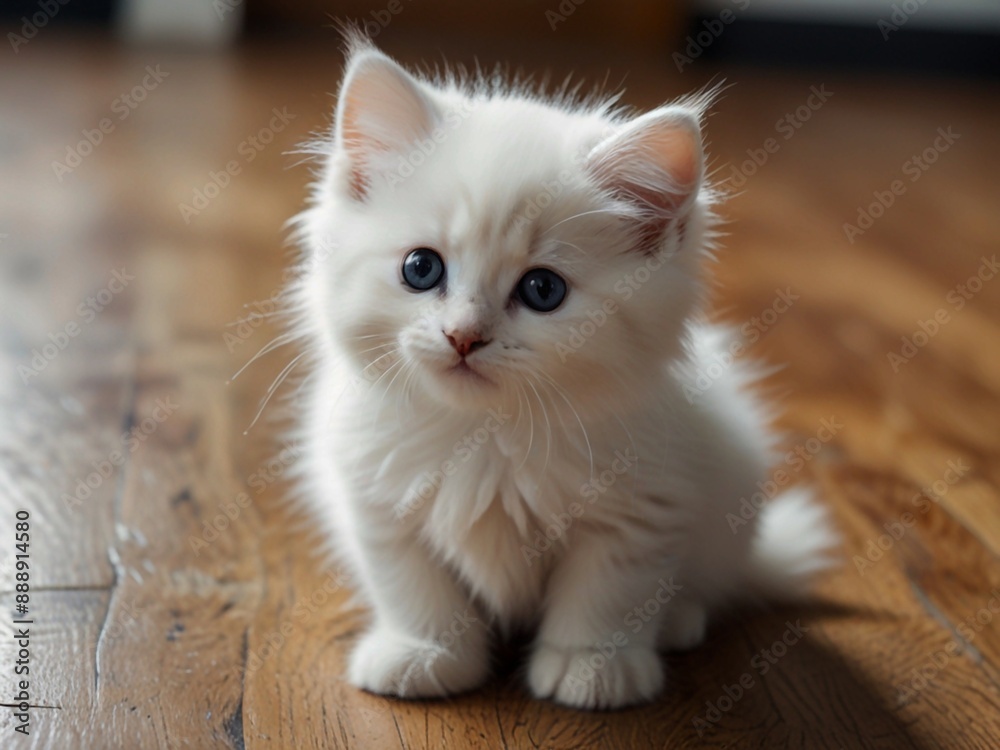 Cute,fluffy and beautiful white kitten with black on the floor. This image is ai generated Cute,fluffy and beautiful white kitten with black on the floor. This image is ai generated