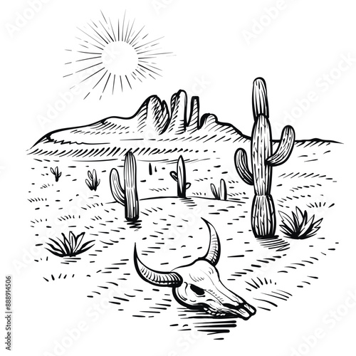 Desert sketch with cactus and skull, vector illustration. Hand drawn landscape of Arizona.
