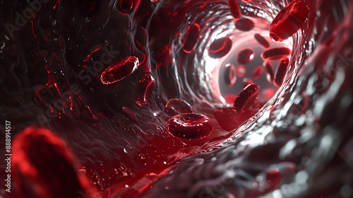 Red blood cells moving inside black blood vessels, viewed from a 3D medical microscopic perspective.