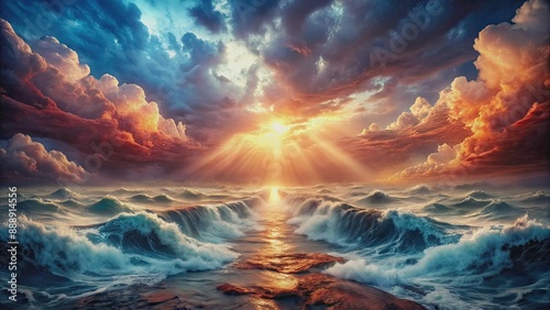 Dramatic biblical scene depicting swirling waters of the red sea parting, revealing a path of dry land, with misty clouds and rays of divine light. photo