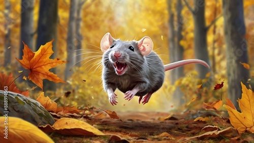 Cheerful rat leaping with pure joy amidst the autumn forest, illustration, digital drawing, colorful, autumn, forest, fall,cute photo