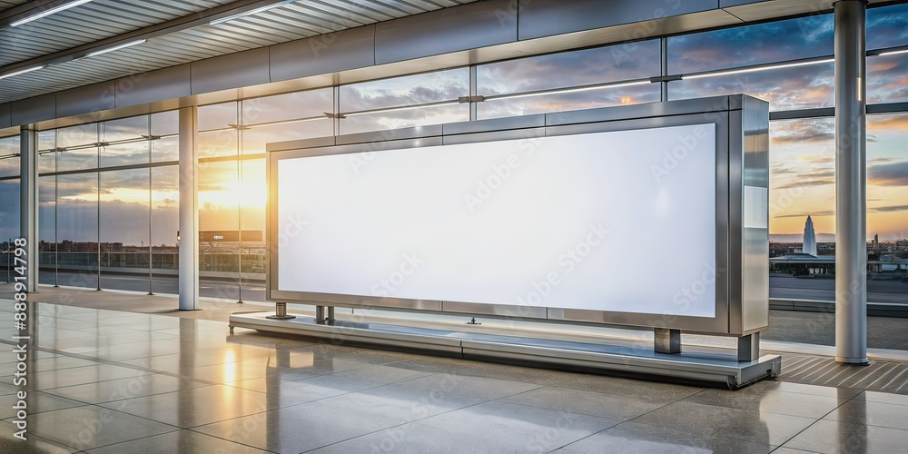 Ads. big mock up of horizontal blank advertising billboard or light box showcase at airport, copy space for your text message or media content, advertisement, commercial and marketing concept