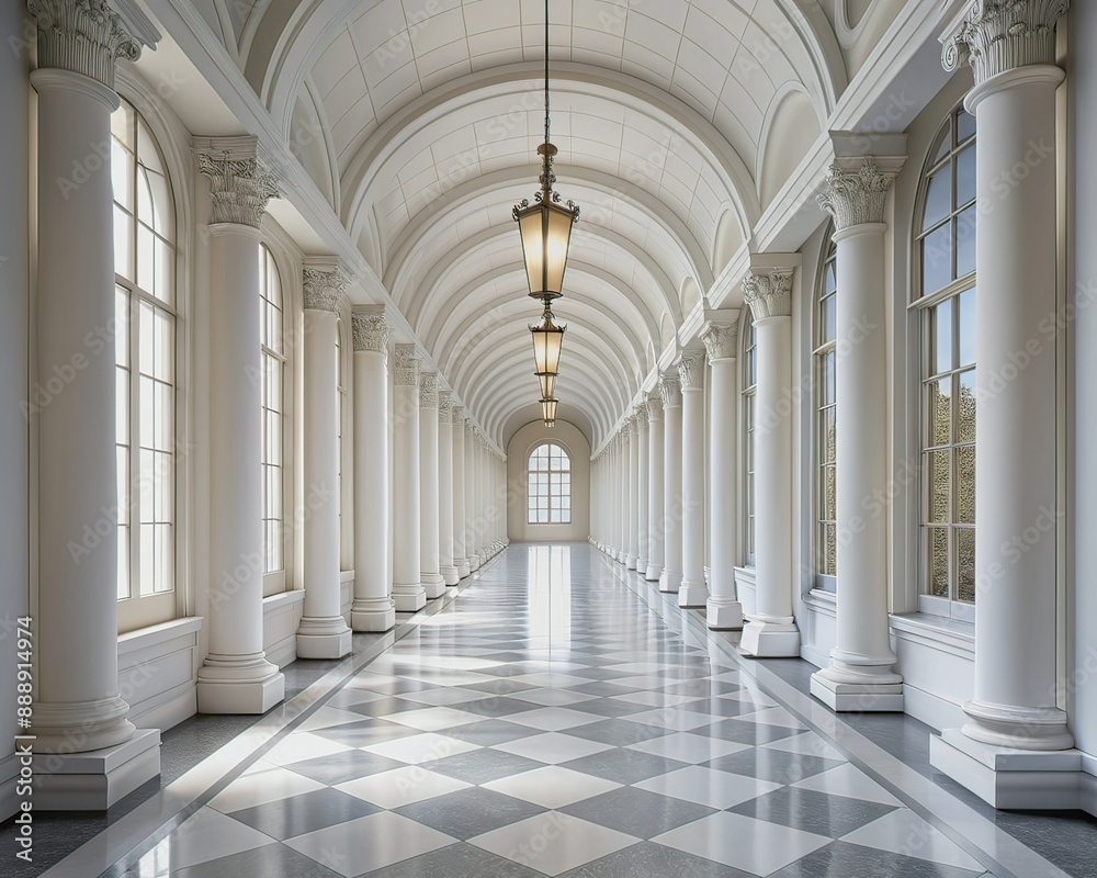 A long white hallway with large windows and columns A long white hallway with large windows and columns