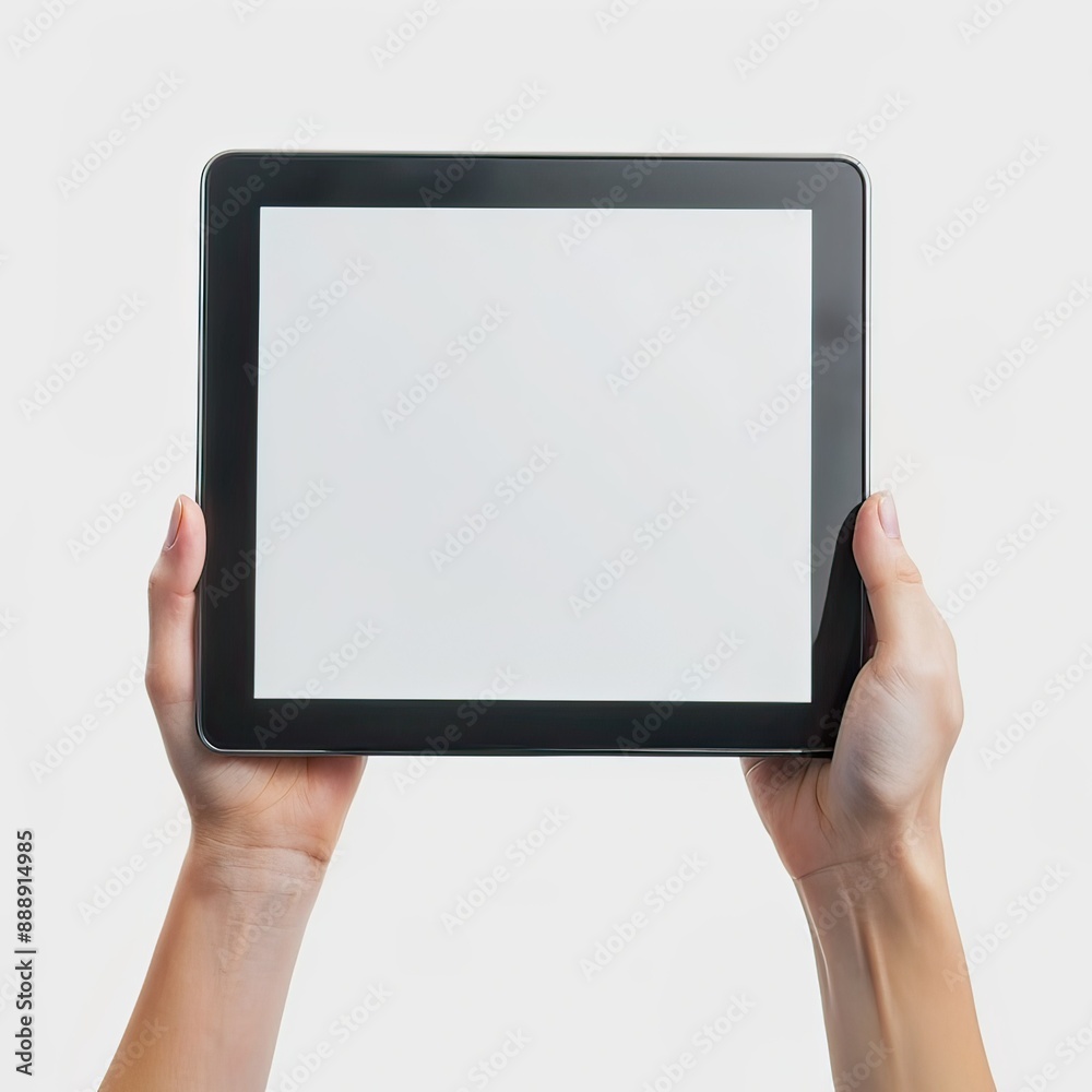 A blank digital tablet computer screen is held by a placeholder hand, standing isolated on a white background, ready for customization with advertising content. A blank digital tablet computer screen is held by a placeholder hand, standing isolated on a white background, ready for customization with advertising content.
