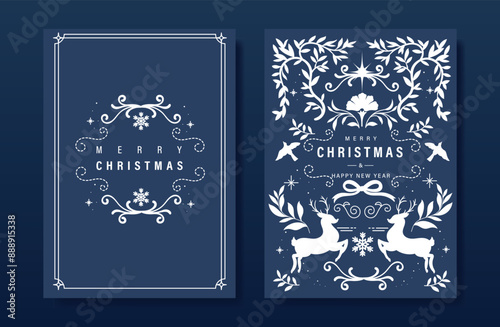 Luxury christmas invitation card folk design vector. Christmas leaves, flower, reindeer, bird, snowflake, frame on navy blue background. Design illustration for cover, print, poster, wallpaper.