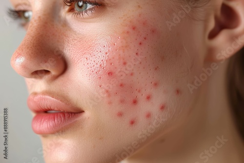 Close-up of a woman with acne and a serene expression.
 photo