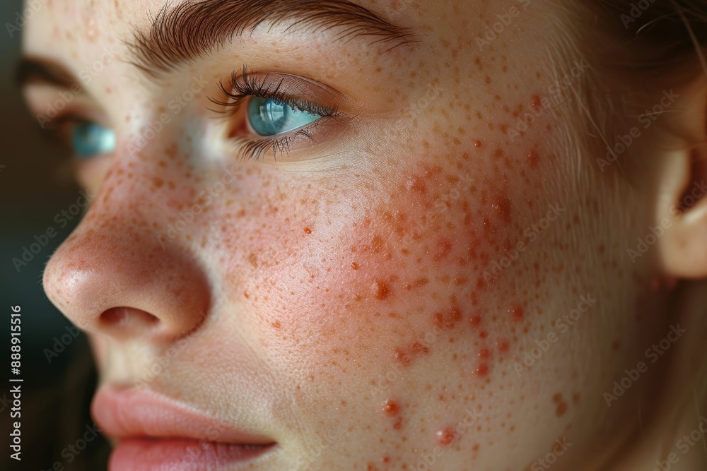 Close-up of a woman with acne and a serene expression.
Close-up of a woman with acne and a serene expression.