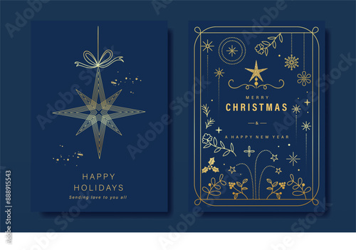 Luxury gold christmas invitation card folk design vector. Christmas bauble, holly, leaves, snowflake, frame on navy blue background. Design illustration for cover, print, poster, wallpaper.