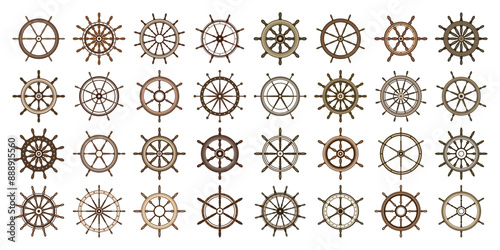Wooden vintage steering wheels. Ship, sailboat or yacht retro wheel symbol. Brown nautical rudder icon. Marine logotype design element. Vector illustration