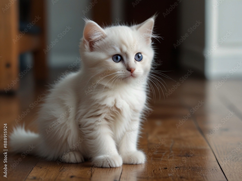 Cute,fluffy and beautiful white kitten with black on the floor. This image is ai generated Cute,fluffy and beautiful white kitten with black on the floor. This image is ai generated