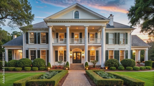 Exterior of a majestic, antebellum-inspired, whitewashed brick mansion with grand columns, lush greenery, and a sprawling, manicured lawn landscape.