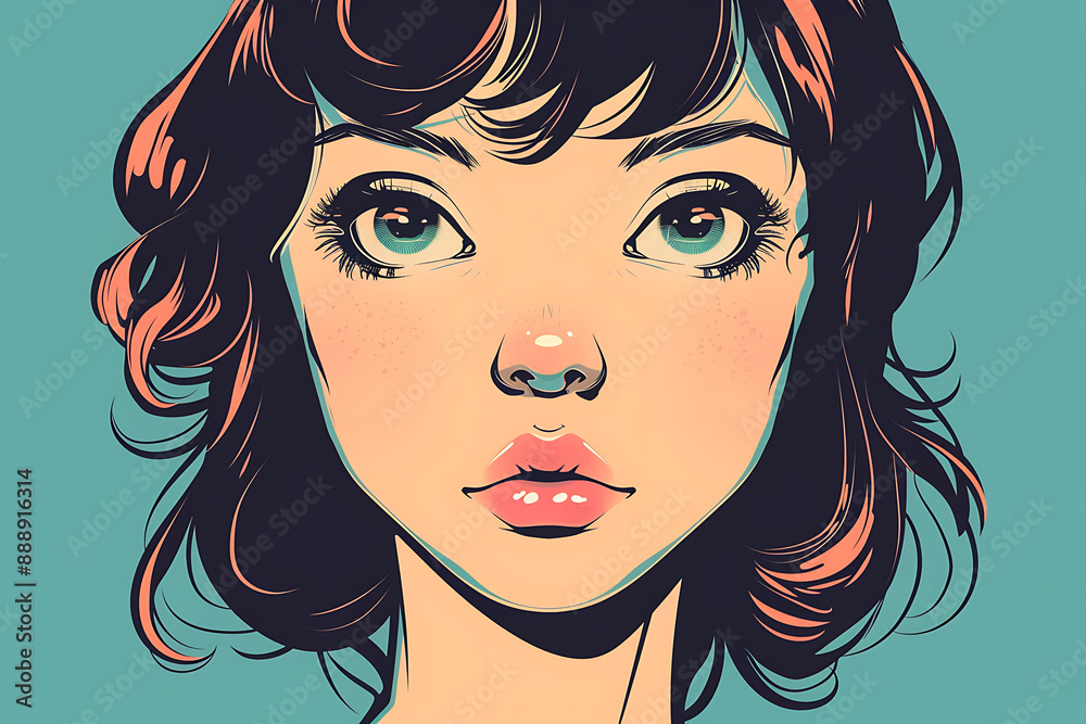 Cartoon style illustration of a girl's face, featuring expressive features and playful colors, capturing a fun and whimsical design Cartoon style illustration of a girl's face, featuring expressive features and playful colors, capturing a fun and whimsical design