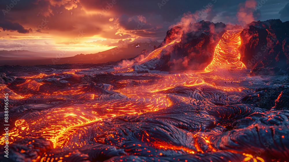 Capture the dynamic contrast between the fiery lava flows and the serene surrounding landscapes of a volcano, conveying both beauty and danger Capture the dynamic contrast between the fiery lava flows and the serene surrounding landscapes of a volcano, conveying both beauty and danger