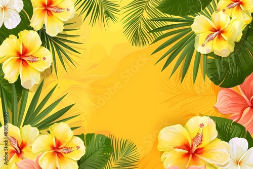 Tropical Hibiscus Flowers and Palm Leaves on a Vibrant Yellow Background