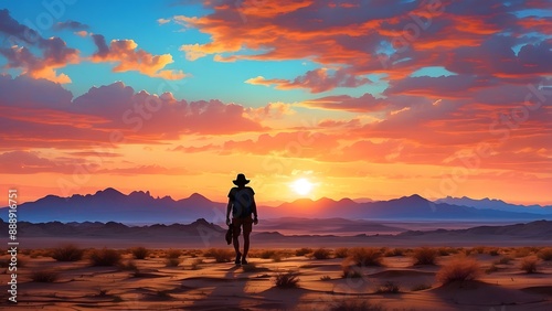 Sun sets over the desert landscape, a traveller' silhouette a striking contrast against the vibrant colors of the sky