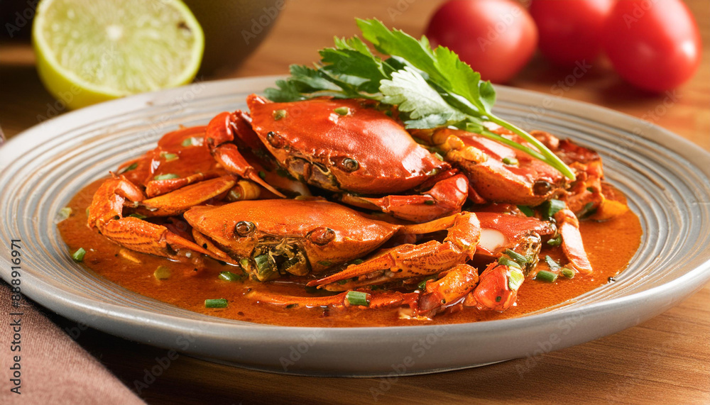 A dynamic image of a plate of Singapore’s famous Chili Crab, with large crab pieces covered in a rich, spicy chili sauce, garnished with fresh cilantro. A dynamic image of a plate of Singapore’s famous Chili Crab, with large crab pieces covered in a rich, spicy chili sauce, garnished with fresh cilantro.