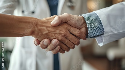 pharmaceutical sales representative presenting new medication to doctor in medical building shaking hands