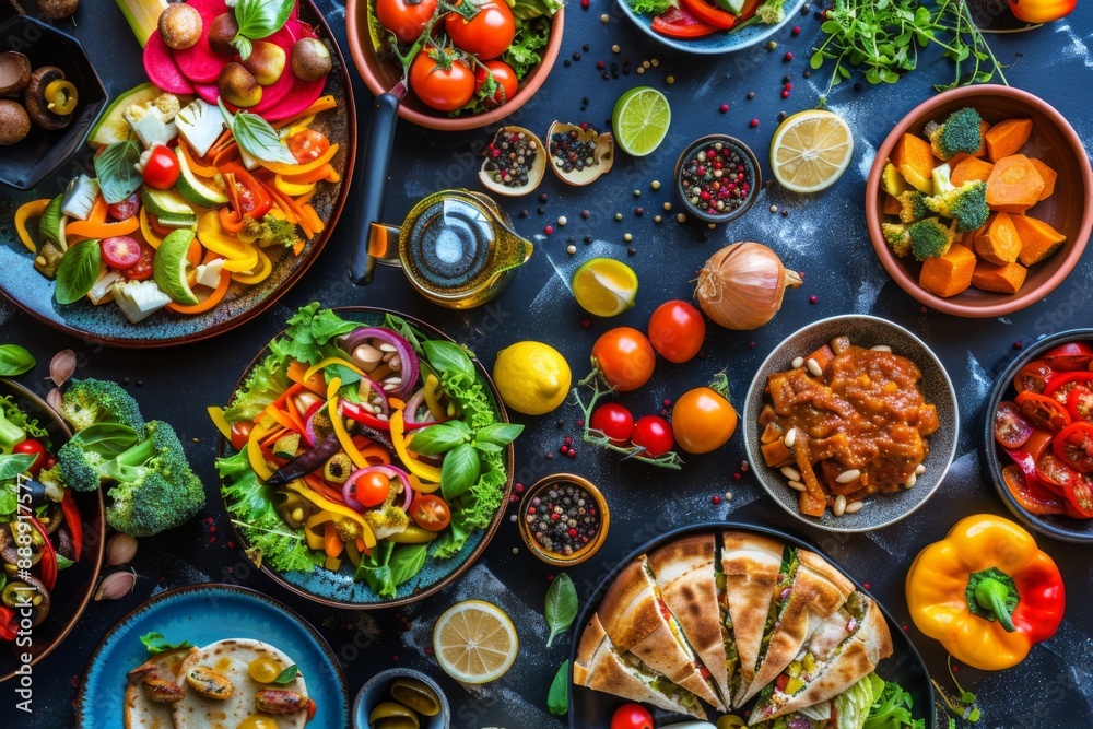 Vegetarian feast with a variety of colorful, beautifully plated vegetable dishes, modern and inviting Vegetarian feast with a variety of colorful, beautifully plated vegetable dishes, modern and inviting
