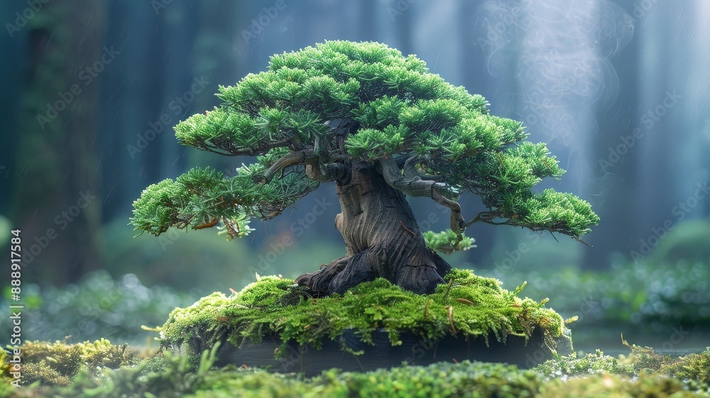 Majestic redwood bonsai tree with ancient bark in a foggy redwood grove Majestic redwood bonsai tree with ancient bark in a foggy redwood grove