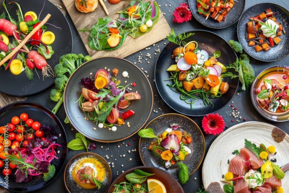Vegetarian feast with a variety of colorful, beautifully plated vegetable dishes, modern and inviting Vegetarian feast with a variety of colorful, beautifully plated vegetable dishes, modern and inviting