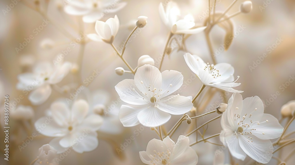 Delicate white flowers radiating a dreamy glow, with a soft, blurred background highlighting their purity and elegance Delicate white flowers radiating a dreamy glow, with a soft, blurred background highlighting their purity and elegance