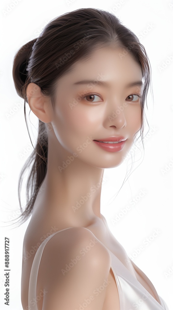 An asian beauty model smile pose in front of a white background An asian beauty model smile pose in front of a white background