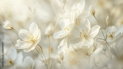 Delicate white flowers radiating a dreamy glow, with a soft, blurred background highlighting their purity and elegance