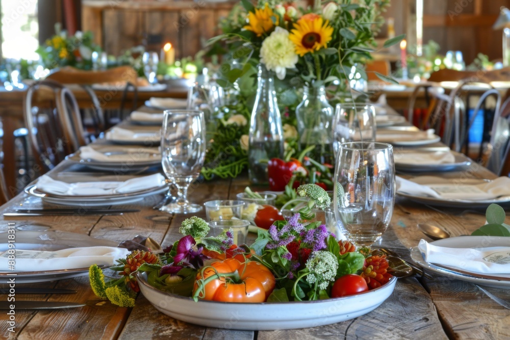 Farm to table dinner with fresh, organic produce showcased in a natural, rustic setting Farm to table dinner with fresh, organic produce showcased in a natural, rustic setting