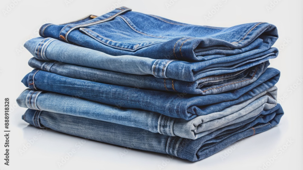 Fashionable blue denim jeans neatly folded on white background with intentional creases emphasizing casual comfort and timeless style appeal. Fashionable blue denim jeans neatly folded on white background with intentional creases emphasizing casual comfort and timeless style appeal.