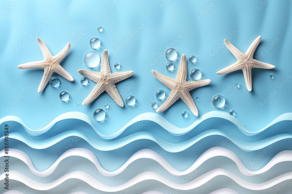 Starfish on wavy blue water creating a playful and vibrant underwater scene Starfish on wavy blue water creating a playful and vibrant underwater scene