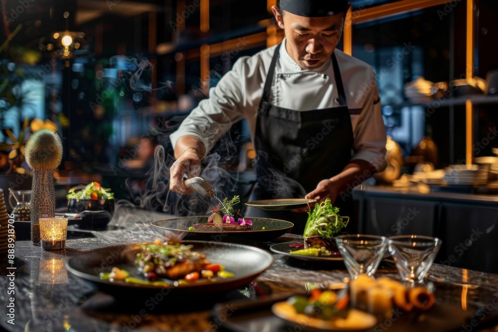 Fine dining setup with a chef presenting an elegant multi-course meal, sophisticated ambiance and artistic plating Fine dining setup with a chef presenting an elegant multi-course meal, sophisticated ambiance and artistic plating