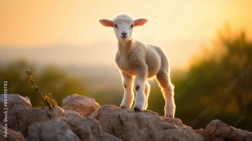 Lamb standing on rocks at sunset