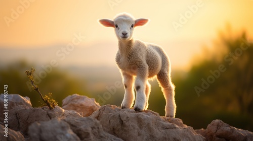 Obraz na płótnie Lamb standing on rocks at sunset w salonie