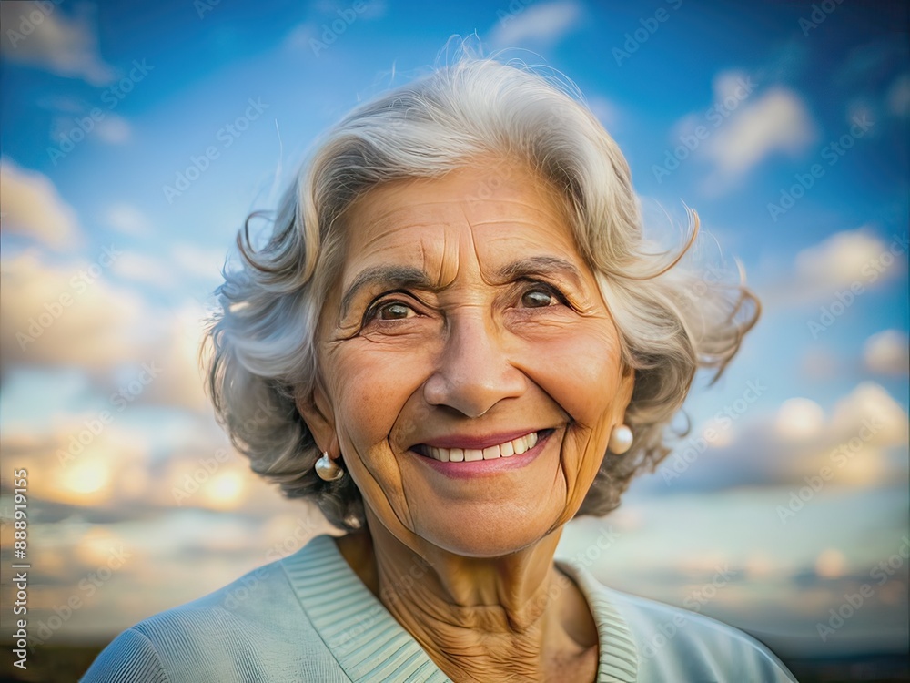 Warmly lit senior Latin woman with bright smile and gentle eyes looks directly at camera, exuding joy and contentment, cloudy background fades softly away. Warmly lit senior Latin woman with bright smile and gentle eyes looks directly at camera, exuding joy and contentment, cloudy background fades softly away.