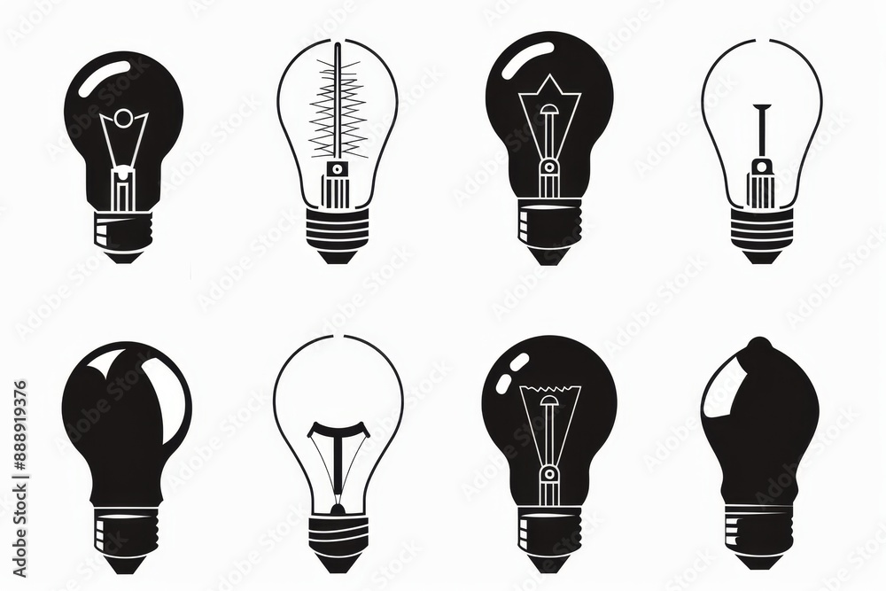 Graffiti light bulbs, black lamp icon silhouettes set, lightbulbs isolated, minimal black and white bulbs Graffiti light bulbs, black lamp icon silhouettes set, lightbulbs isolated, minimal black and white bulbs