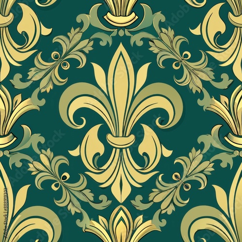 seamless pattern of vintage fleur-de-lis with scrollwork, Generative AI