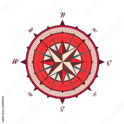 Vintage marine wind rose, nautical chart. Colorful navigational compass with cardinal directions of North, East, South, West. Geographical position, cartography and navigation. Vector illustration