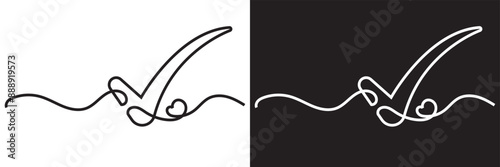 Continuous line drawing of checkmark. One continuous line tick. Continuous line drawing of tick. Checkmark linear icon on white and black background. vector illustration. EPS 10 