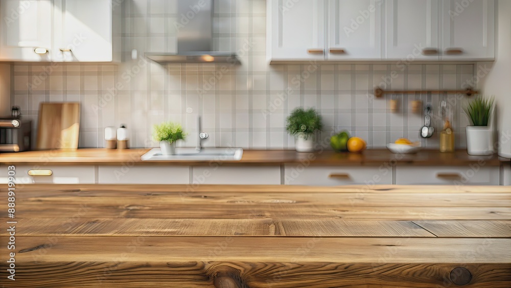 Wooden table on blurred kitchen bench background. Empty wooden table and blurred kitchen background Wooden table on blurred kitchen bench background. Empty wooden table and blurred kitchen background