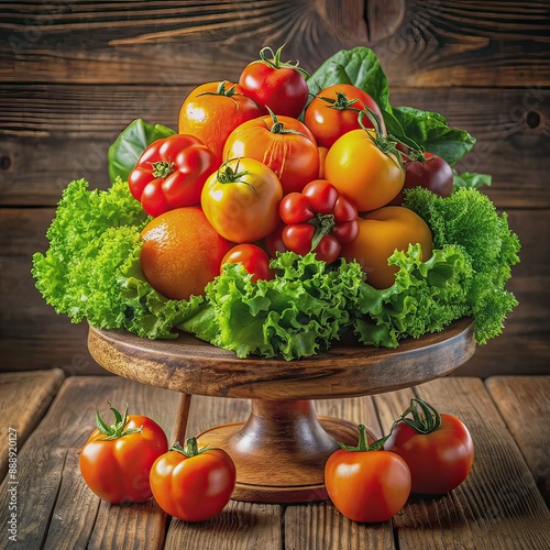 Vibrant arrangement of fresh seasonal fruits and vegetables, including juicy tomatoes, crisp lettuce, and plump oranges, beautifully displayed on a rustic wooden stand. photo